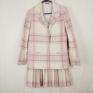 Vintage Tan F Jay pink plaid pleated skirt suit S 10 mean girls old money preppy